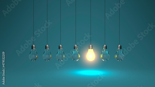 Light bulb idea. 3d render light bulb shines next to the extinguished ones. Leadership, inspiration, right decision and energy saving concept