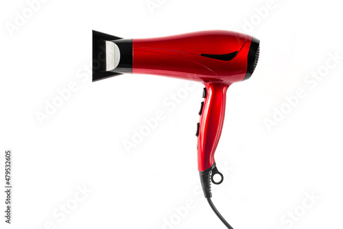Modern Hair Dryer Red and Black Professional Technologic Appliance Beauty Spa On a Blank Background