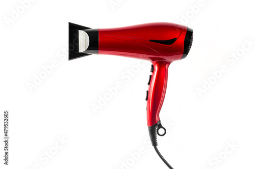 Modern Hair Dryer Red and Black Professional Technologic Appliance Beauty Spa On a Blank Background photo