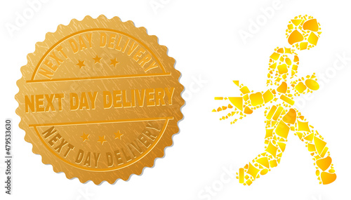 Golden mosaic of yellow parts for maneken hand courier icon, and golden metallic Next Day Delivery seal. Maneken hand courier icon mosaic is done with scattered golden elements.