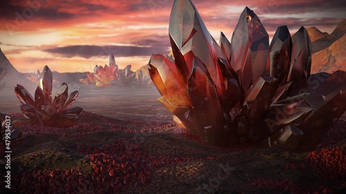Fotografie, Obraz alien planet, beautiful exoplanet landscape with giant crystals