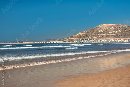 Agadir main beach in Agadir city, Morocco. Agadir is a major city in Morocco located on the shore of the Atlantic Ocean.