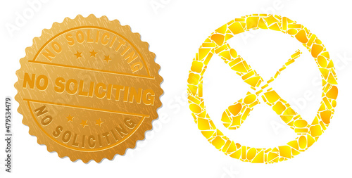 Golden collage of yellow parts for stop screwdriver tuning icon, and golden metallic No Soliciting stamp seal. Stop screwdriver tuning icon composition is formed from scattered golden parts.