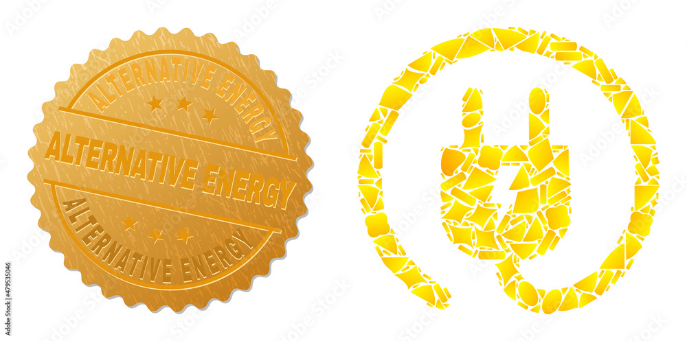 Golden composition of yellow items for electric plug icon, and gold metallic Alternative Energy stamp. Electric plug icon collage is formed of randomized gold items. Golden composition of yellow items for electric plug icon, and gold metallic Alternative Energy stamp. Electric plug icon collage is formed of randomized gold items.