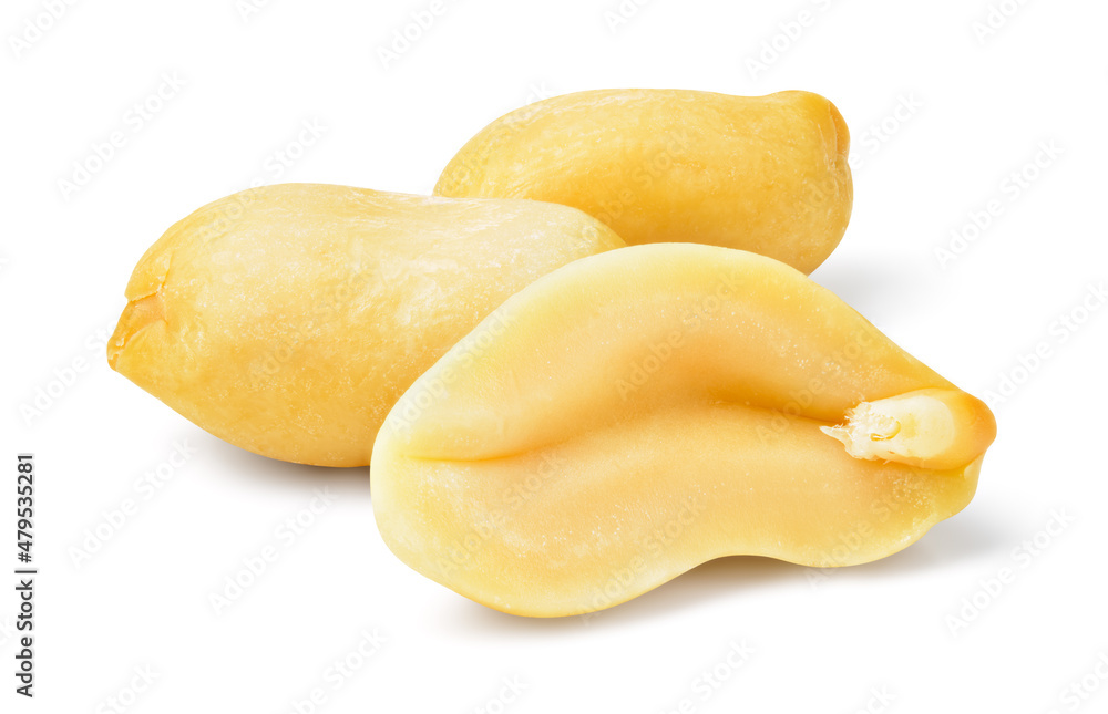 Peanut isolated. Peanuts on white background. Three nuts - whole and cut half. Clipping path. Full depth of field.