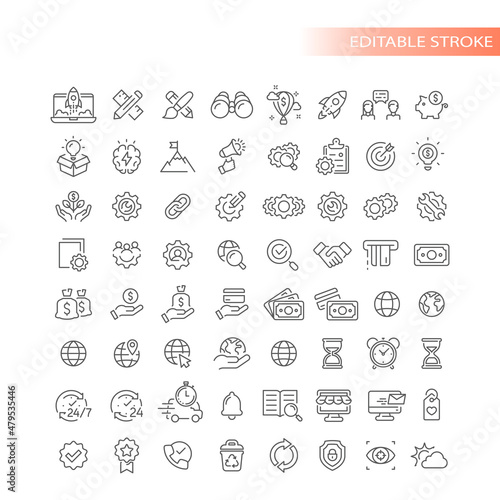Business launch and web shopping site icons. Start up outlined icon set.