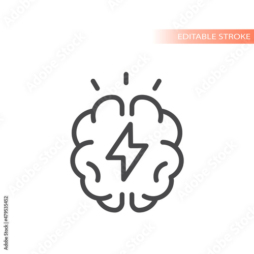 Brain and lightning bolt outlined icon. Brainstorm or brainstorming vector symbol.