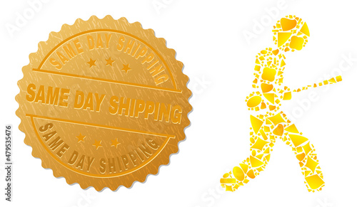 Golden composition of yellow items for screwdriver courier icon, and golden metallic Same Day Shipping stamp seal. Screwdriver courier icon collage is composed of randomized golden elements.