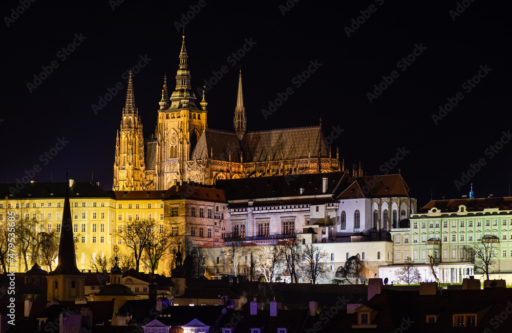 Prague at night, Prague Castle - St. Vitus Cathedral, cityscape
