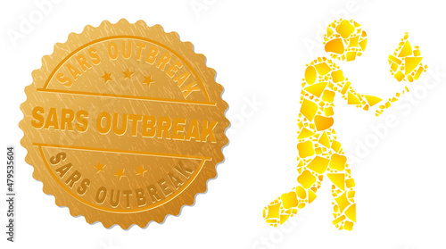 Golden mosaic of yellow fractions for fire arsonist icon, and golden metallic Sars Outbreak stamp. Fire arsonist icon composition is formed of random golden particles.