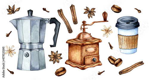 Set of watercolor painting glass with takeaway coffee, coffee grinder, coffee maker. Black coffee or cappuccino. Hot drink for breakfast. Refreshing drink. Isolated over white background.
