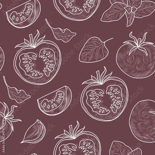 Mediterranian seamless pattern with tomatos and basil leaves