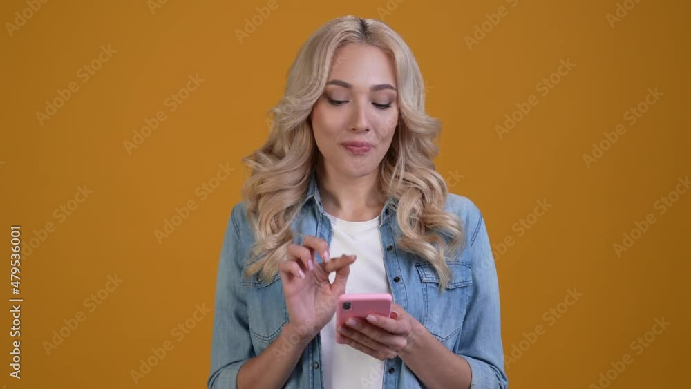 Lady influencer use app device chatting isolated vibrant color background Lady influencer use app device chatting isolated vibrant color background