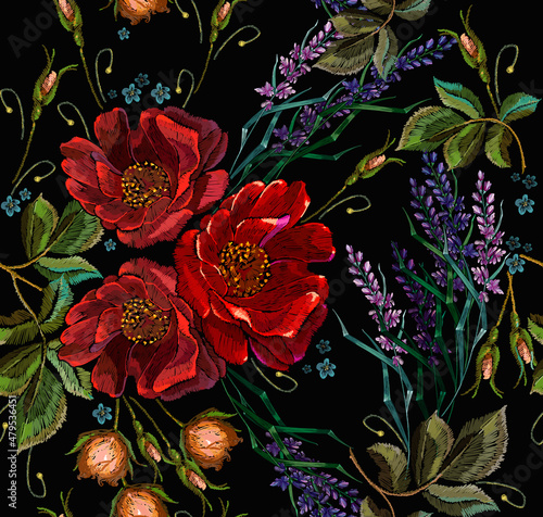 Embroidery lavender flowers and red roses, seamless pattern. Summer and spring floral art. Fashion template for clothes, t-shirt design
