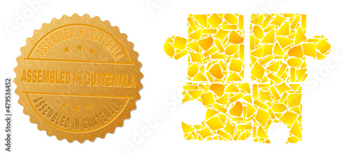 Golden mosaic of yellow for puzzle icon, and gold metallic Assembled in Guatemala seal. Puzzle icon mosaic is constructed of randomized gold particles.