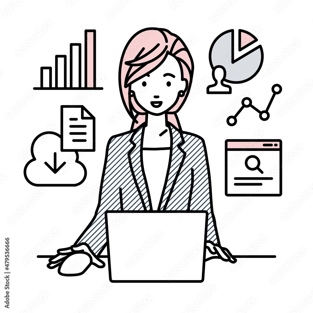 デスクで座ってPCを開いてリサーチしたりデータを分析してレポートにまとめているスーツの女性