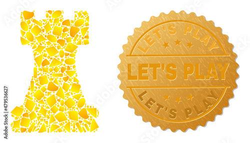 Golden mosaic of yellow for chess rook icon, and gold metallic Let'S Play stamp seal. Chess rook icon mosaic is organized of random golden elements.