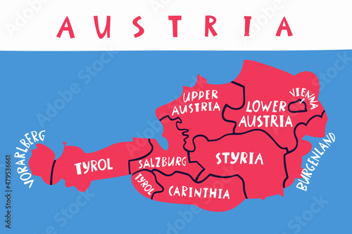 Vector hand drawn stylized map of Austrian regions. Travel illustration. Republic of Austria geography illustration. Europe map element