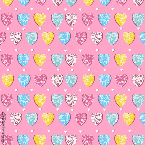 The pattern of hearts valentine's day in different colors with white patterns on a pink background can be used as a print for children's and adult clothing