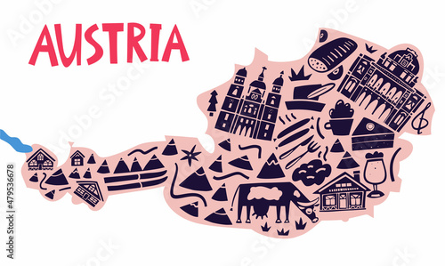 Vector hand drawn stylized map of Austrian landmarks. Travel illustration. Republic of Austria geography illustration. Europe map element