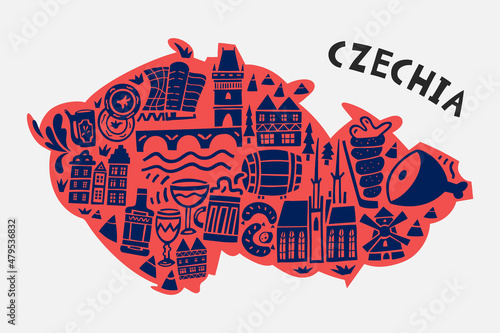 Vector hand drawn stylized map of Czechia landmarks. Travel illustration. Czech Republic geography illustration. Europe map element