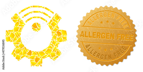Golden composition of yellow spots for smart gear icon, and golden metallic Allergen Free watermark. Smart gear icon collage is designed of random golden spots.