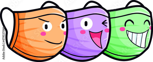 Colorful three facemask cartoon characters