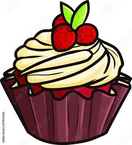 Yummy strawberry cupcake in cartoon style