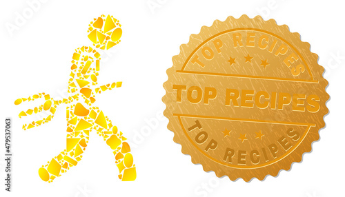 Golden mosaic of yellow fractions for fork robber icon, and golden metallic Top Recipes seal. Fork robber icon mosaic is created from scattered golden particles.