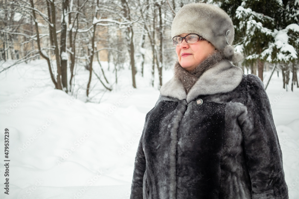 An elderly woman walks in a winter city park. An elderly woman walks in a winter city park.
