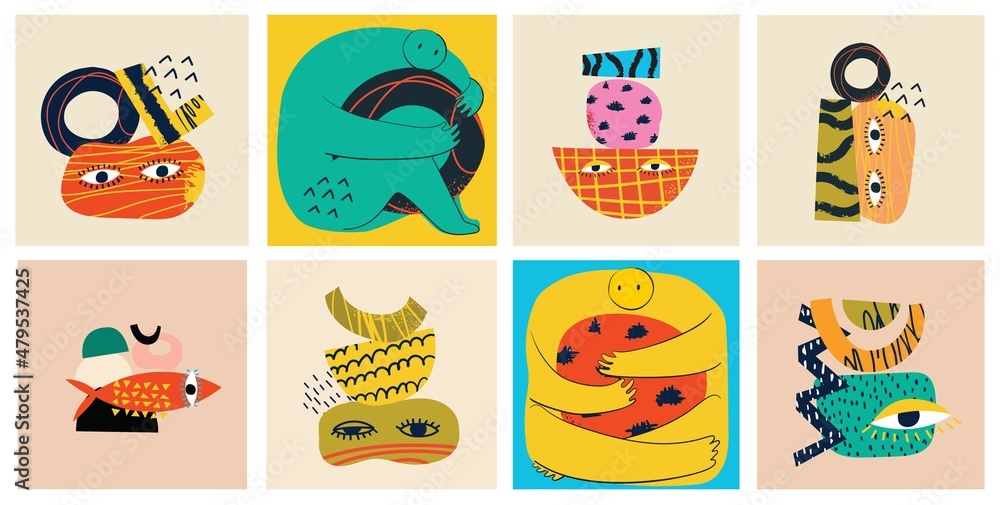 Fototapeta premium Big Set of Different colored Vector illustartions for posters in Cartoon Flat design. Hand drawn Abstract shapes, faces, different texture funny Comic characters.
