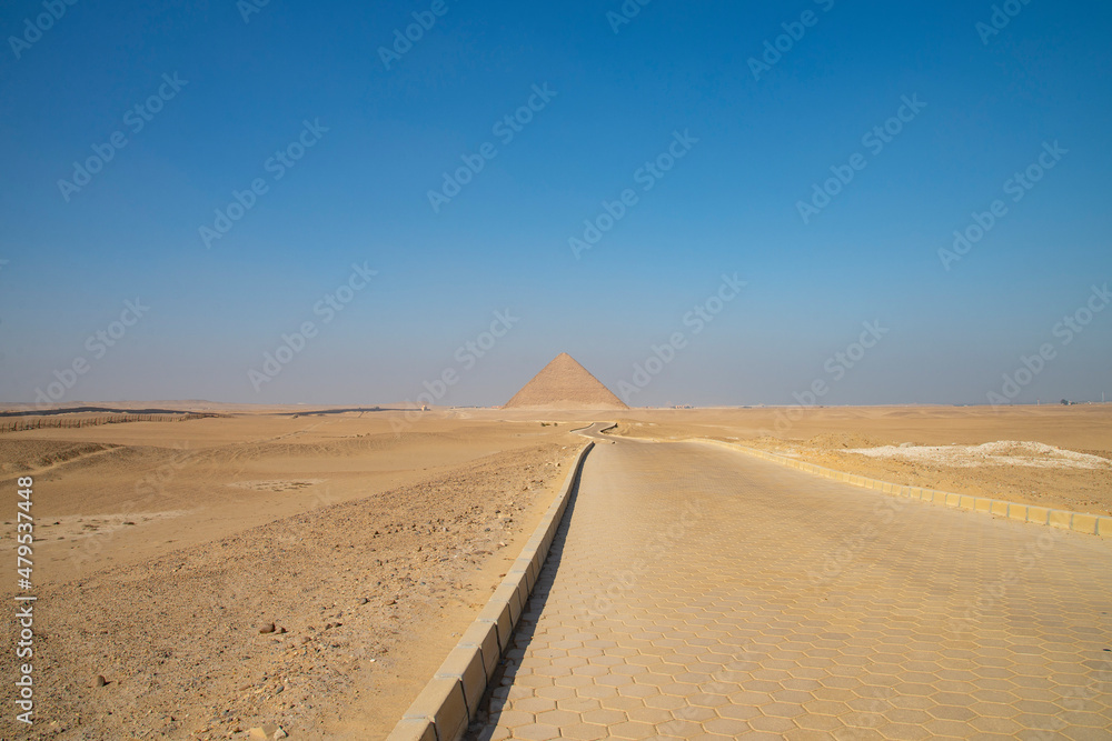 View of the desert, road and sky from the Red Pyramid of Dashur. Egypt.