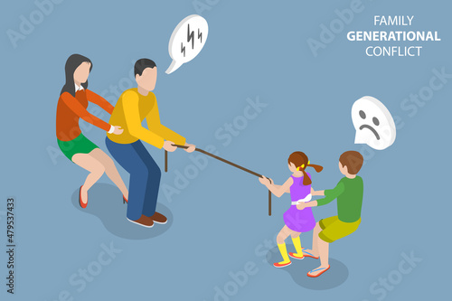 3D Isometric Flat Vector Conceptual Illustration of Family Generational Conflict, Misunderstanding Between Children and Parents