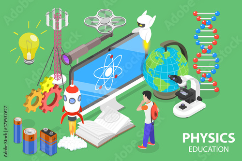 3D Isometric Flat Vector Conceptual Illustration of Physics Learning, Physical Research and Online Education