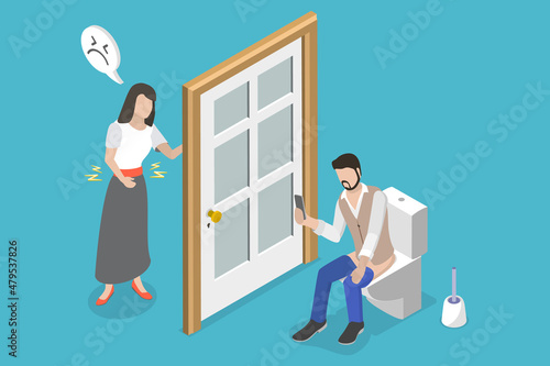 3D Isometric Flat Vector Conceptual Illustration of Toilet Sitting with Smartphone, Struggle for Restroom