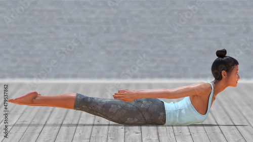 Virtual Woman in Yoga Locust Pose with a clear wood floor
