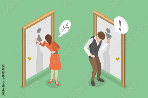 3D Isometric Flat Vector Conceptual Illustration of Digestive Problems, People with Diarrhea Nocking to Locked Restroom Door