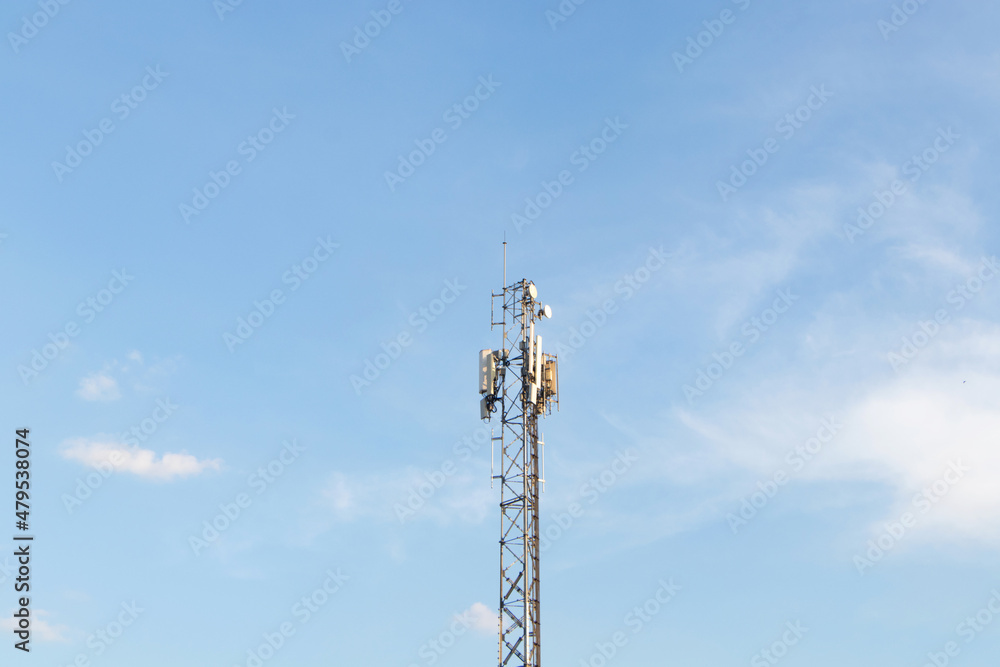 Communication tower telephone pole wireless communication technology. Telecommunication tower of 4G and 5G cellular. Smart antennas mounted on a metal against with sunlight cloud sky is background. Communication tower telephone pole wireless communication technology. Telecommunication tower of 4G and 5G cellular. Smart antennas mounted on a metal against with sunlight cloud sky is background.