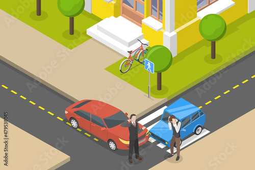 3D Isometric Flat Vector Conceptual Illustration of Car Road Accident, Frustrated Men Around Their Damaged Vehicles