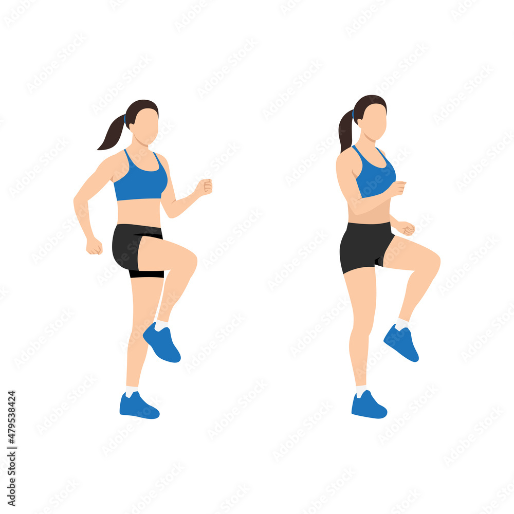 Woman doing run in place exercise. Flat vector illustration isolated on white background
