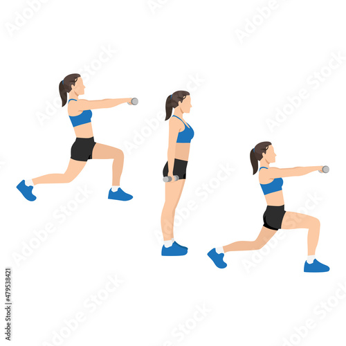 Woman doing Alternating lunge front raise exercise. Flat vector illustration isolated on white background