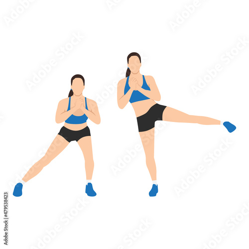 Woman doing Side lunge to leg lifts exercise. Flat vector illustration isolated on white background