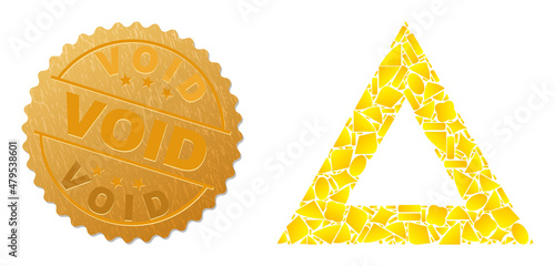Golden mosaic of yellow elements for empty triangle icon, and golden metallic Void stamp seal. Empty triangle icon mosaic is created of scattered golden.