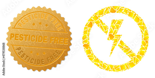 Golden mosaic of yellow elements for no electricity icon, and gold metallic Pesticide Free stamp seal. No electricity icon composition is done of scattered gold parts.