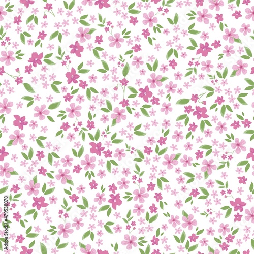 Beautiful vintage pattern. Small pink flowers, green leaves. White background. Floral seamless background. An elegant template for fashionable prints.
