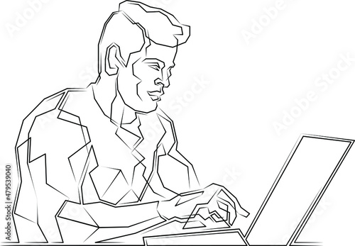 Continuous line.Man works at a laptop. Businessman designer manager works online. Internet laptop.Corner line art drawing abstract logo.Lineart isolated white background.