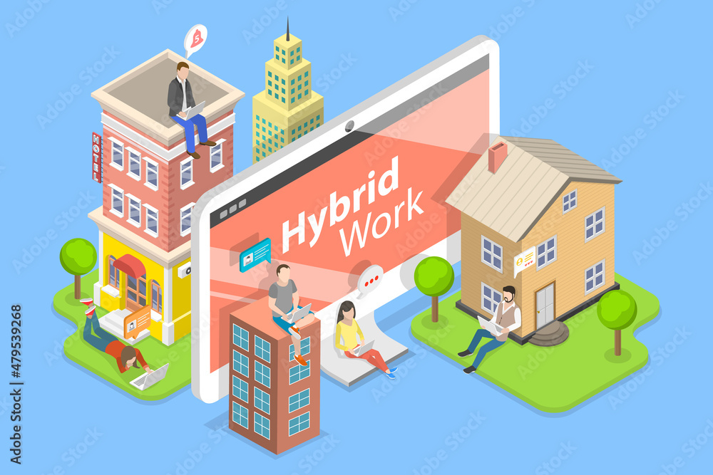 3D Isometric Flat Vector Conceptual Illustration of Hybrid Work, Flexible Workspace Location and Working Hours for Productivity and Efficiency