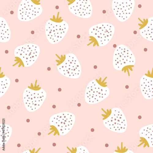 Beautiful abstract berry pattern. White strawberries   yellow leaves . dots. Light pink background. An elegant template for fashionable prints.