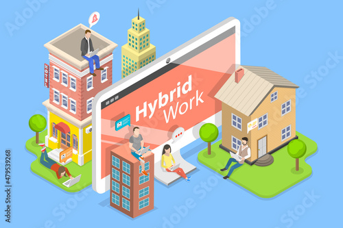 3D Isometric Flat Vector Conceptual Illustration of Hybrid Work, Flexible Workspace Location and Working Hours for Productivity and Efficiency