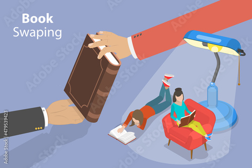 3D Isometric Flat Vector Conceptual Illustration of Book Swaping, Literature Exchange, Bookcrossing Service